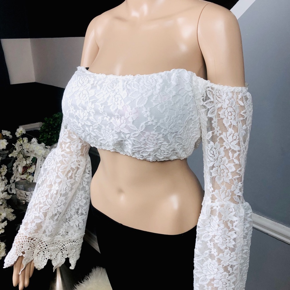 Love J Sexy Bell Sleeve Lace Cropped Top